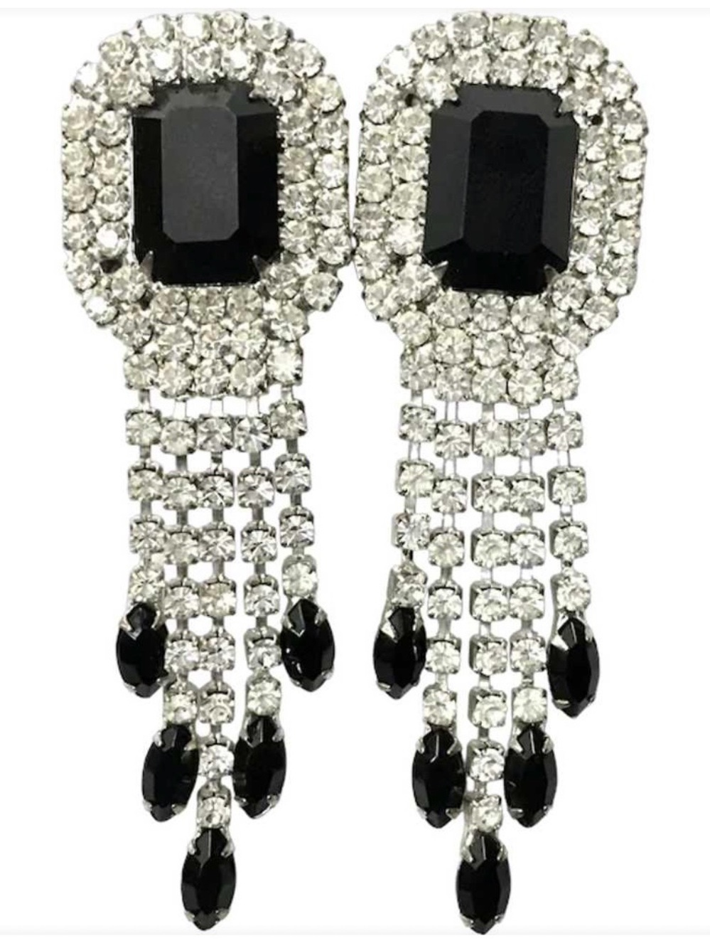Sterling Silver Crystal Fringe Drop Earrings with Black Stones